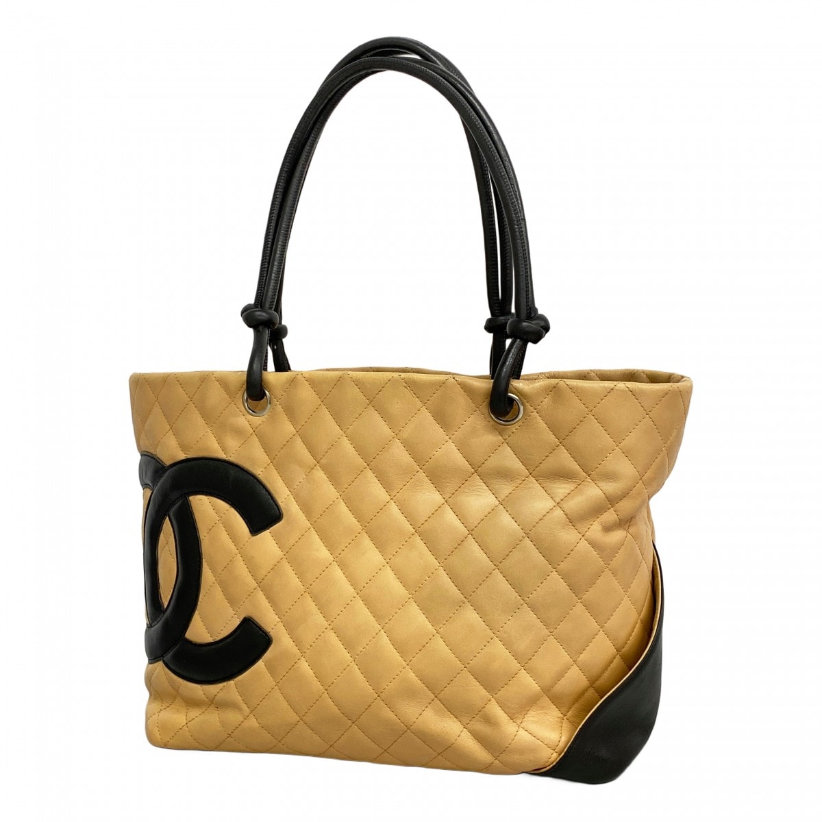 【6db1378-k】シャネル トートバッグ カンボン ラムスキン ベージュ ブラック シルバー金具【中古】レディース