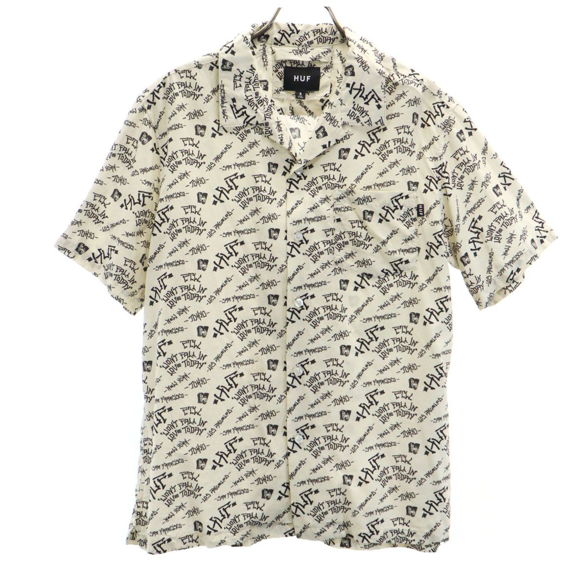 HUF ハフ 日本製 総柄 半袖 オープンカラーシャツ S アイボリー