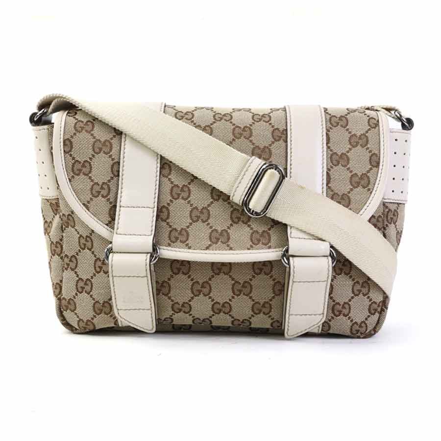 グッチ GUCCI ショルダーバッグ GGキャンバス/レザー アイボリー/ブラウン ユニセックス 145858【中古】 h32579j