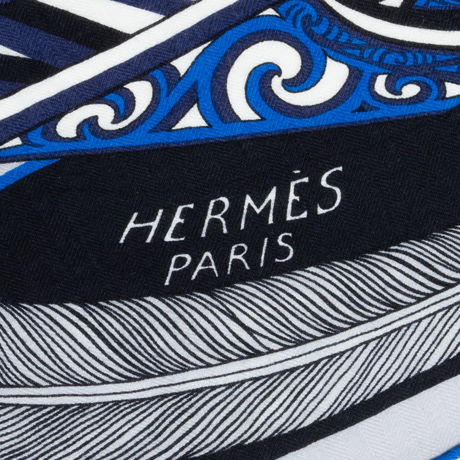 HERMES エルメス スカーフ カレ140 カレジェアン Kawa Ora カワ オラ 243274S 12 カシシル ストール ショール カシミヤ・シルク ブルー ホワイト【中古】