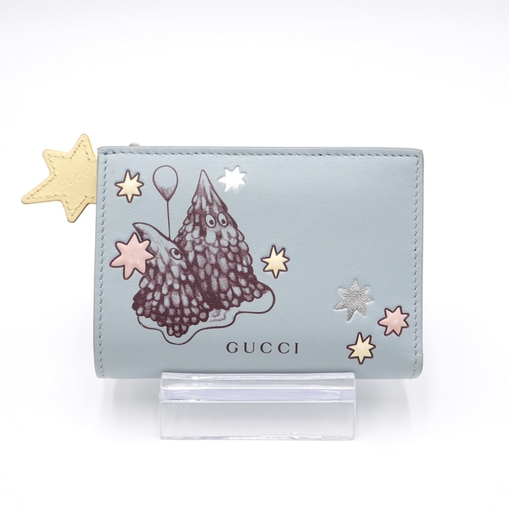 GUCCI(グッチ)ヒグチユウコ コラボ バイカラー スモールウォレット 二つ折り財布 コンパクト財布 ブルー レザー 星型チャーム アニマルプリント レディース【中古】