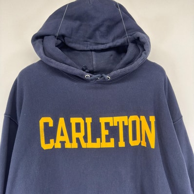 古着 チャンピオン Champion スウェット カレッジ 大きいサイズ リバースウィーブ フーディー パーカー プリント 2XL ネイビー メンズ