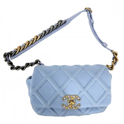 CHANEL シャネル ウエストバッグ シャネル19 ウエストポーチ ココマーク 小さめ かばん 鞄 ラムスキン コットンジャージー ブルー 青 ゴールド×シルバー金具 レディース【中古品】