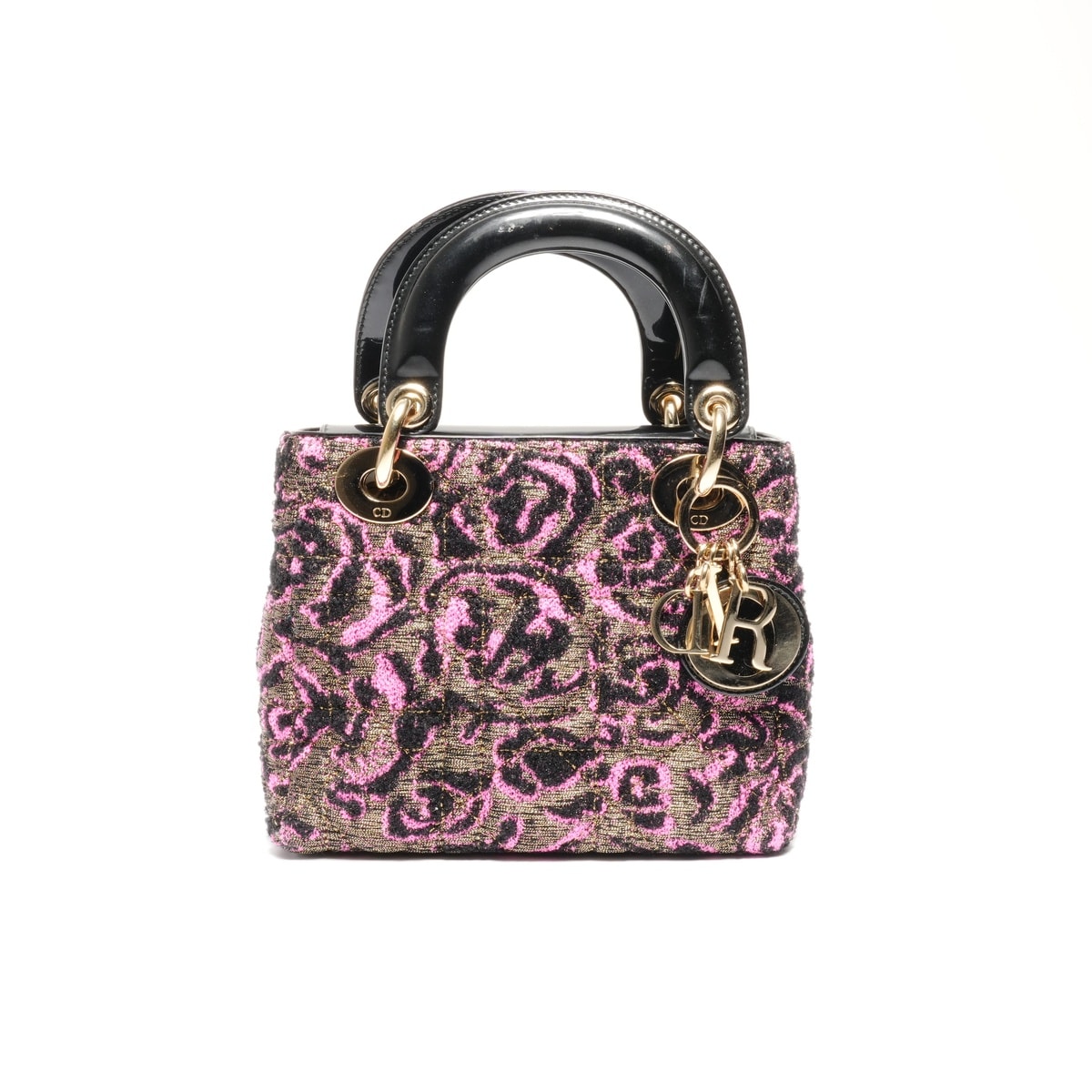 ディオール Dior パテントレザー レディ スモール ローズ ウール ハンドバッグ【中古】