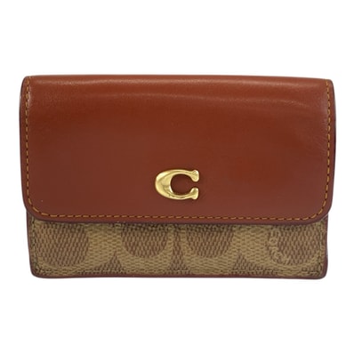 美品 COACH コーチ シグネチャー ミニ トライフォールド ブラウン ゴールド金具 PVC レザー/ 折り財布 コンパクトウォレット 603644 【中古】