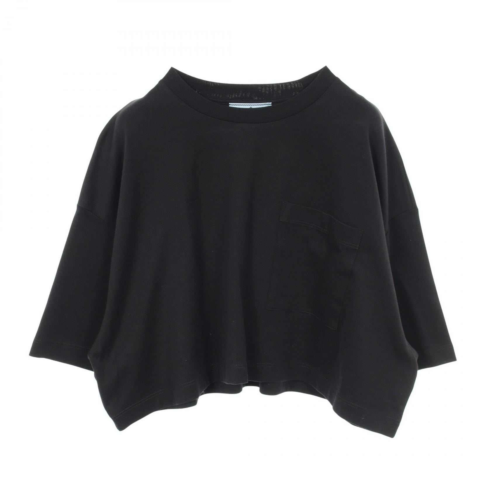 プラダ PRADA クロップド丈 半袖Tシャツ 衣料品 トップス コットン レディース ブラック系 3560A 【中古】