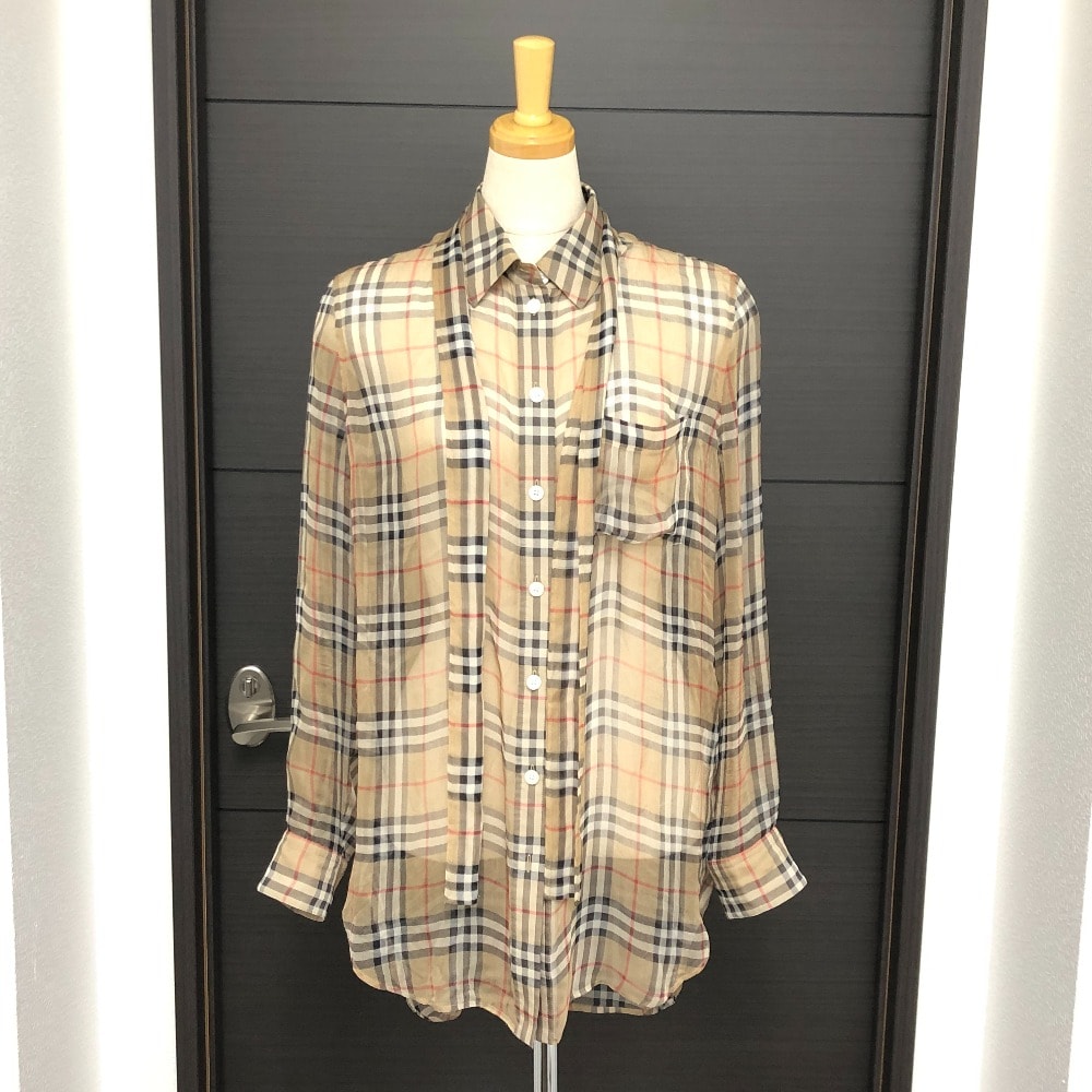 バーバリー BURBERRY チェック柄 シースルー ブラウス シャツ 長袖 長袖シャツ 長袖シャツ コットン ベージュ