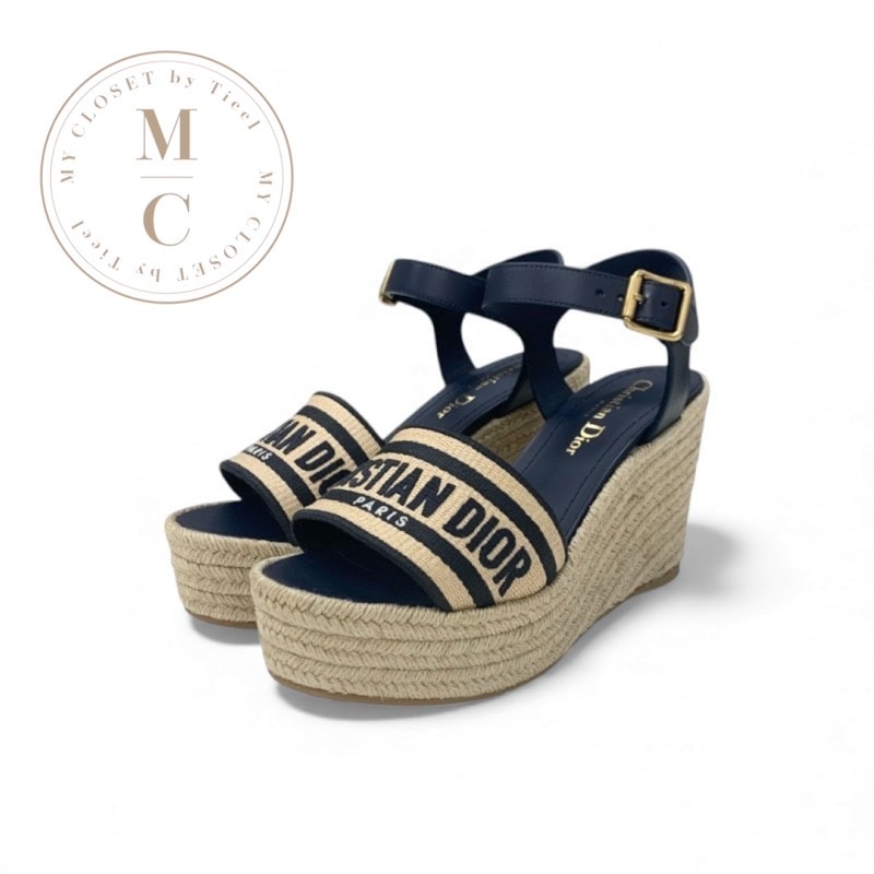 クリスチャンディオール CHRISTIAN DIOR Dway サンダル 靴 シューズ ファブリック レザー ネイビー ベージュ 未使用 ウェッジソール 刺繍 エンブロイダリー ロゴ