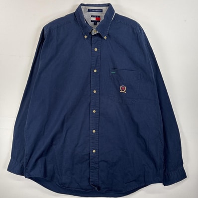 古着 90's/90年代 トミーヒルフィガー TOMMY HILFIGER 長袖シャツ ボタンダウンシャツ ワンポイント ロゴ 刺繍 厚手 L ネイビー 無地 メンズ