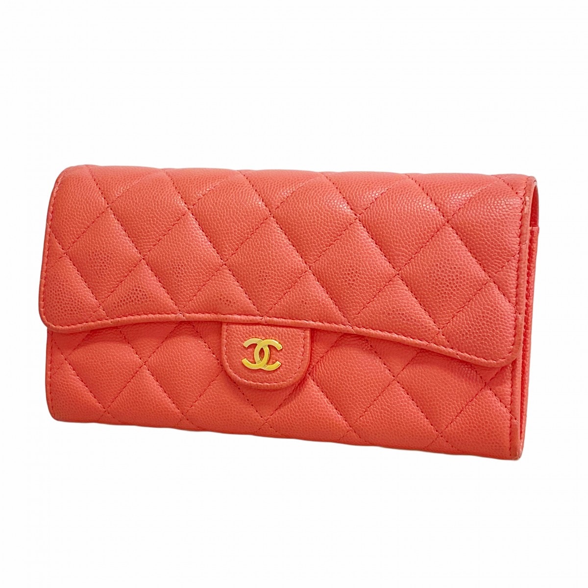 【6dd4879】シャネル 長財布 マトラッセ キャビアスキン ピンク ゴールド金具【中古】レディース