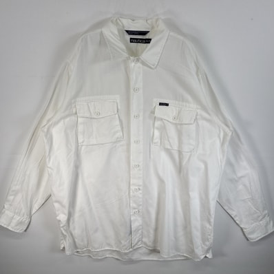 古着 90's/90年代 ノーティカ NAUTICA 長袖シャツ フラップポケ ワンポイント ロゴ 大きいサイズ XL ホワイト 無地 メンズ