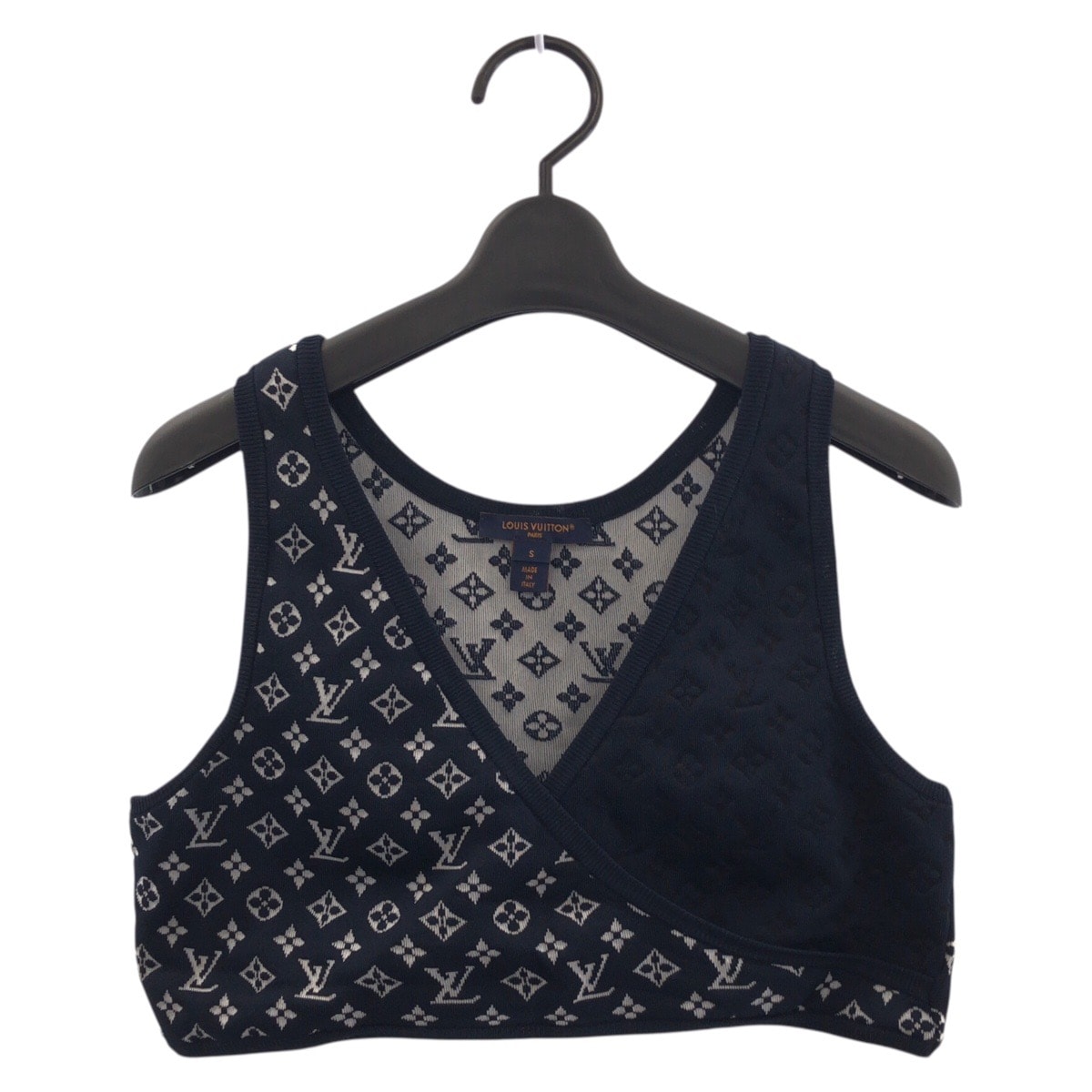 美品 LOUIS VUITTON ルイヴィトン 25SS モノグラム ジャカードニット クロップトップ サイズS 定価188,100円 ネイビー ホワイト シルク ナイロン/ トップス ニット 506821 【中古】