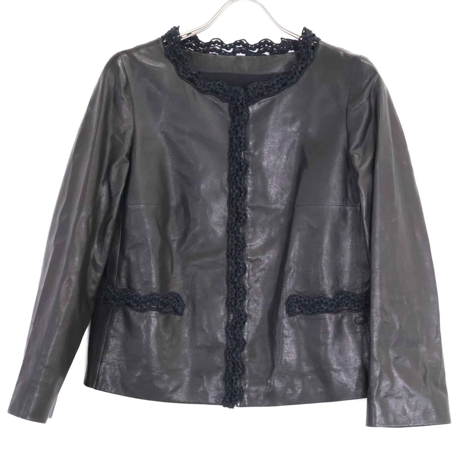シャネル 【美品/国内正規】09A P35592C00082 ラムスキン ノーカラージャケット 38