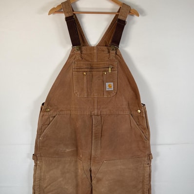 古着 カーハート Carhartt オーバーオール ダック ワンポイントロゴ 大きいサイズ ダブルニー キルティングライナー ワーク 46x32 ブラウン系 メンズ