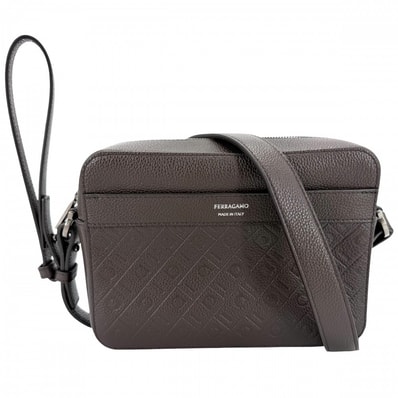 Salvatore Ferragamo サルヴァトーレフェラガモ 2WAY モノグラム ショルダーバッグ クラッチバッグ 肩掛け 斜め掛け レザー ブラウン 茶 マットシルバー金具 メンズ 美品【中古品】