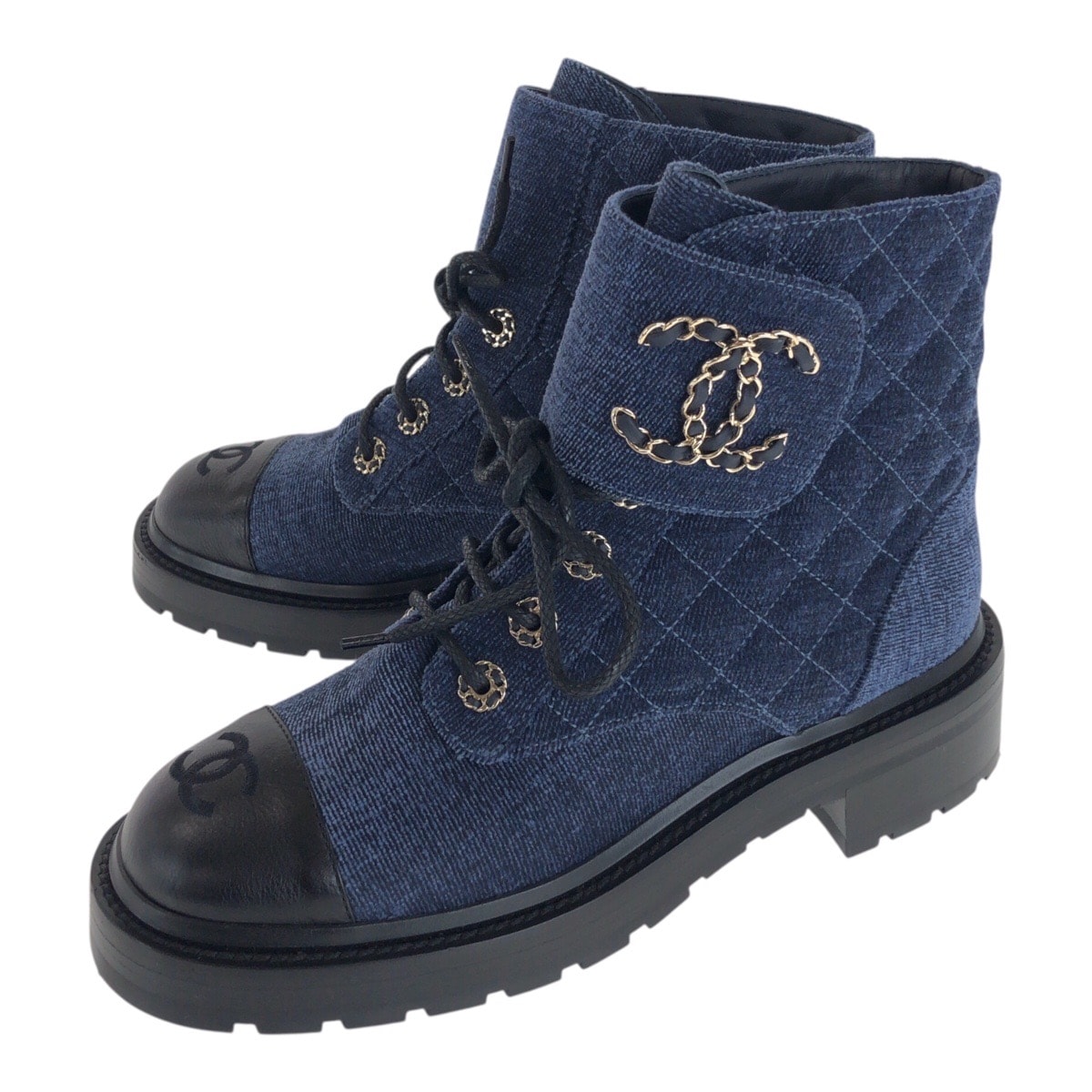 美品 CHANEL シャネル マトラッセ ココマーク サイズ38C ネイビー ブラック ゴールド金具 ベルベット レザー/ ブーツ ショートブーツ 600628 【中古】