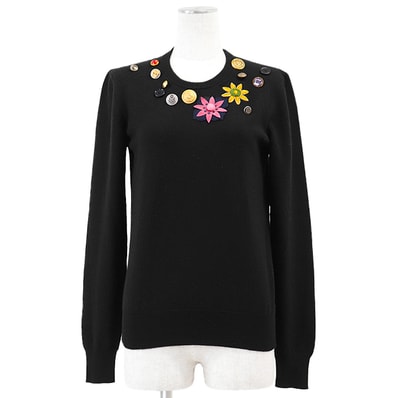【SALE】DOLCE&GABBANA ドルチェアンドガッバーナ ニットセーター カシミヤ100% ミドルゲージ アソート ワッペン&ボタン エンブレム クラウン 王冠 フラワー クルーネック 長袖 プルオーバー トップス レディース 40 黒 伊製
