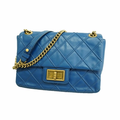【6ia0053】シャネル ショルダーバッグ 2.55 Wチェーン レザー ブルー ゴールド金具【中古】レディース
