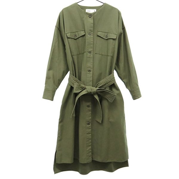 converse TOKYO コンバース トウキョウ ロゴバッジ 長袖 ノーカラーミリタリー シャツワンピース カーキ