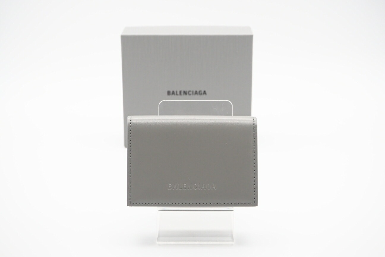 極美品 BALENCIAGA バレンシアガ カーフ ESSENTIAL MINI WALLET 664037 三つ折り財布 グレー ブルー レザー メンズ