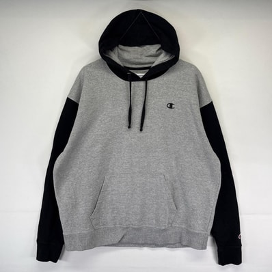 古着 チャンピオン Champion パーカー プルオーバー フード 大きいサイズ スウェット ワンポイント 2XL ブラック系 ツートン メンズ