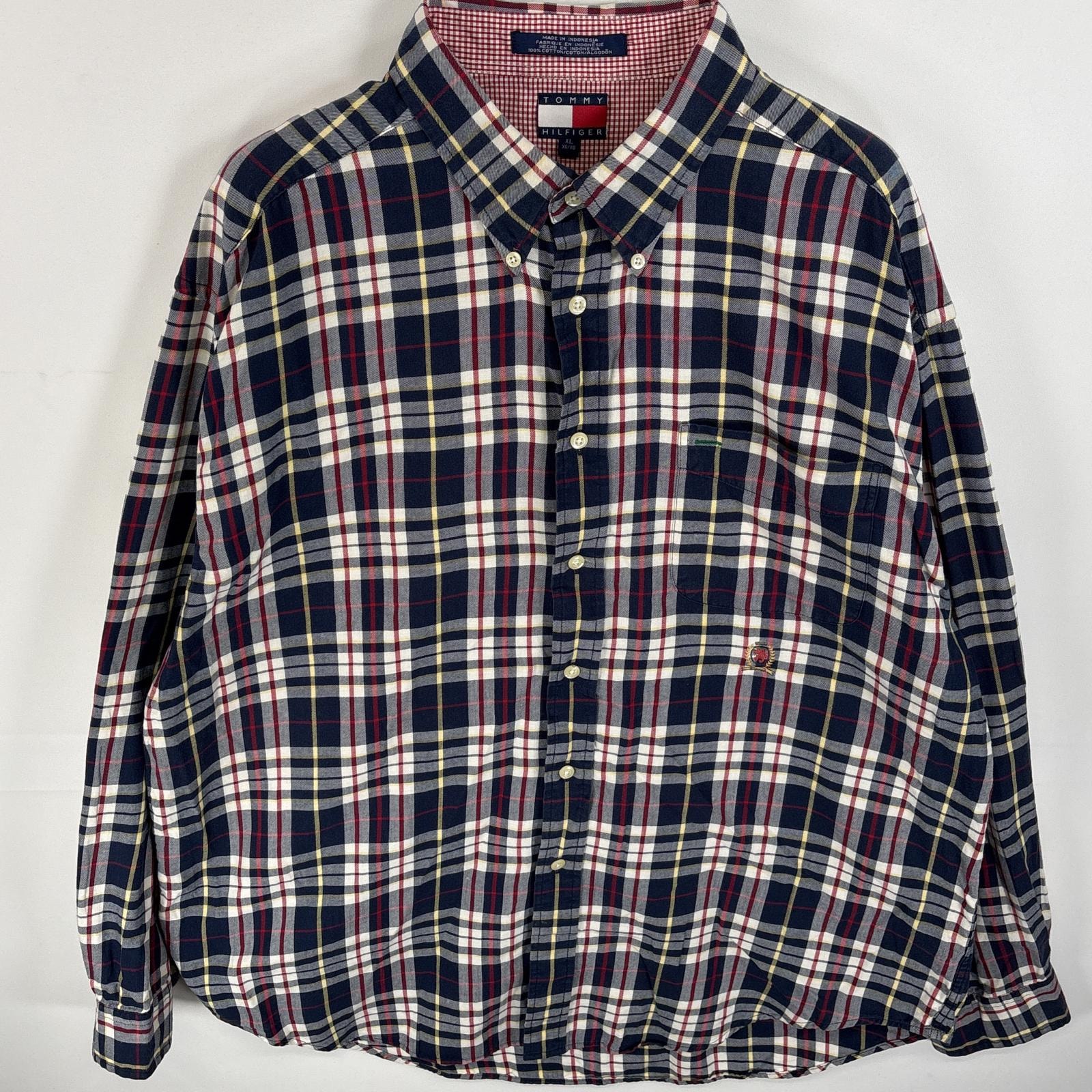 古着 90's/90年代 トミーヒルフィガー TOMMY HILFIGER 長袖シャツ ボタンダウンシャツ ワンポイント ロゴ 刺繍 ネルシャツ XL ネイビー系 チェック メンズ