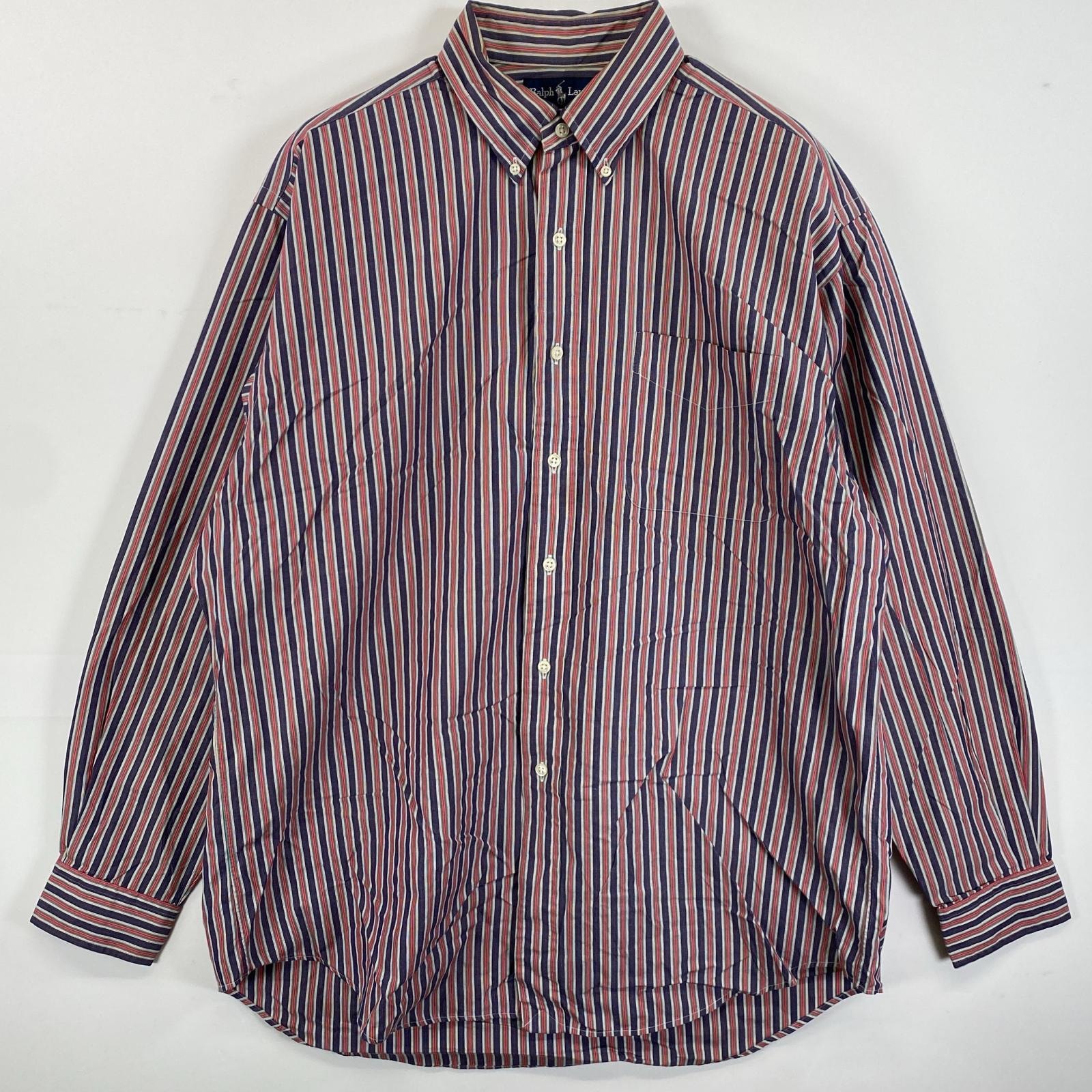古着 90's/90年代 ラルフローレン RALPH LAUREN 長袖シャツ ボタンダウン 胸ポケット ワンポイント無し L  ネイビー系 ストライプ メンズ