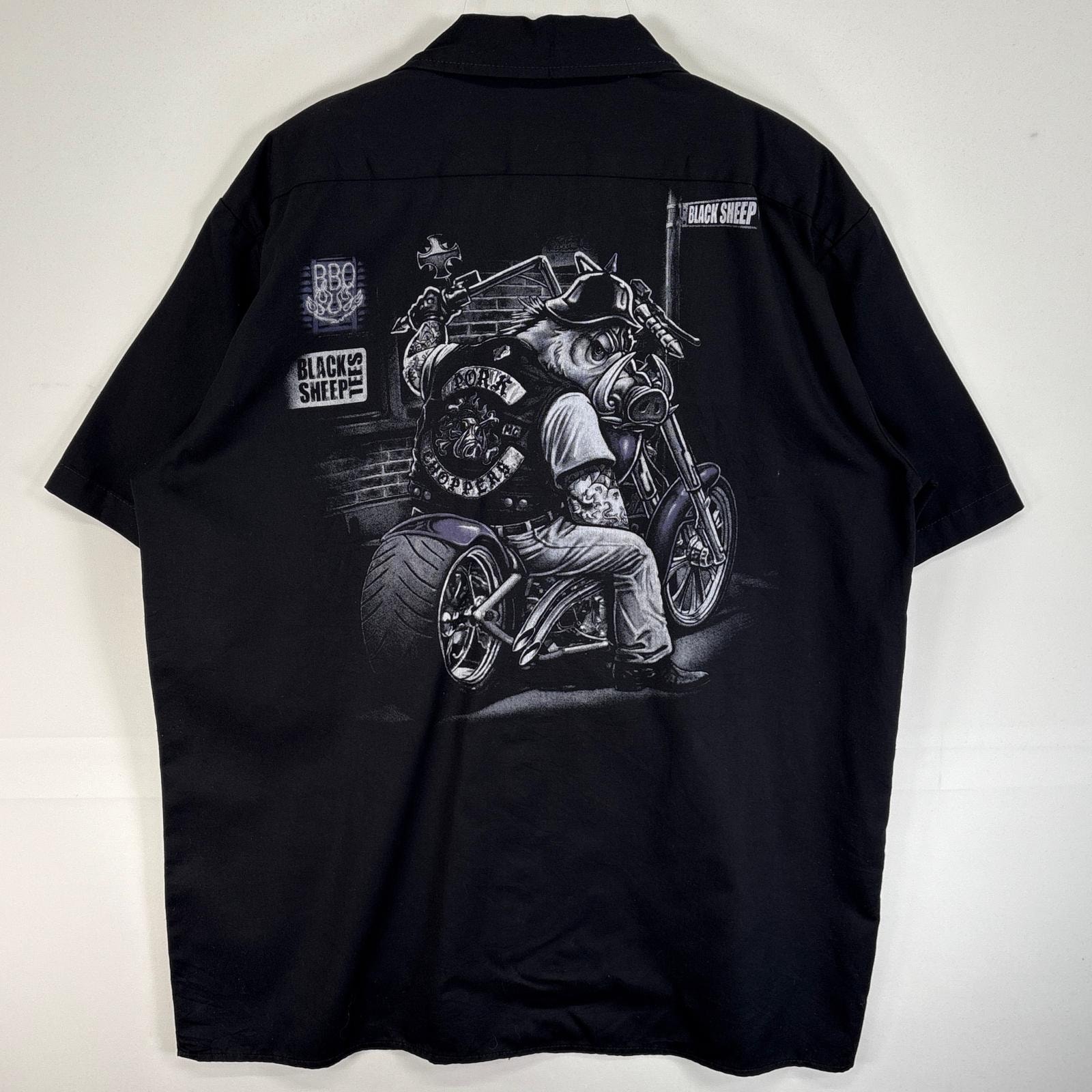 古着 ディッキーズ Dickies 半袖シャツ ワーク フラップポケ 企業 BLACK SHEEP バイク モーターカルチャー L  ブラック 両面プリント メンズ