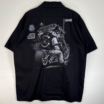 古着 ディッキーズ Dickies 半袖シャツ ワーク フラップポケ 企業 BLACK SHEEP バイク モーターカルチャー L ブラック 両面プリント メンズ