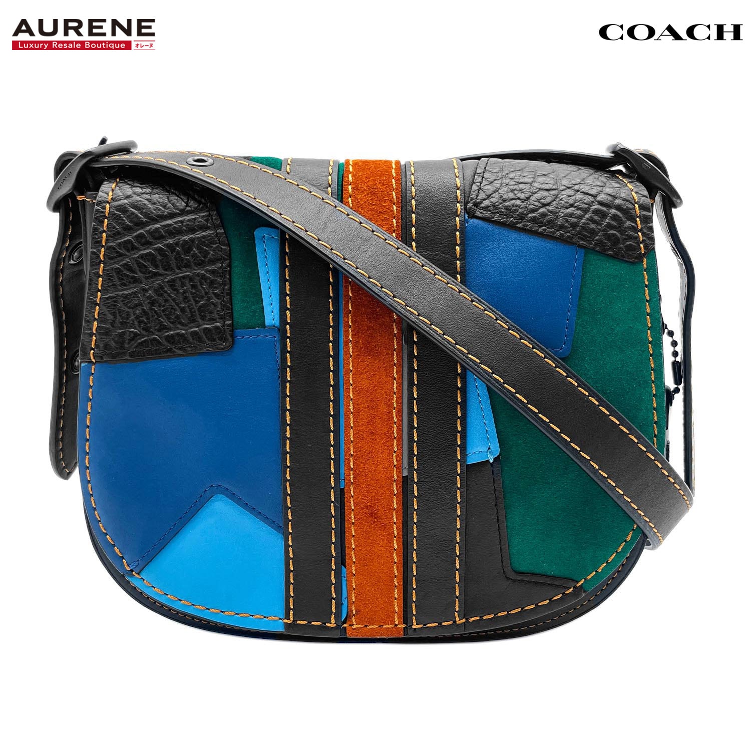 COACH コーチ サドルバッグ バーシティ パッチワーク ショルダーバッグ
 20115 グラブタンレザー ブラック ユニセックス
 【中古】