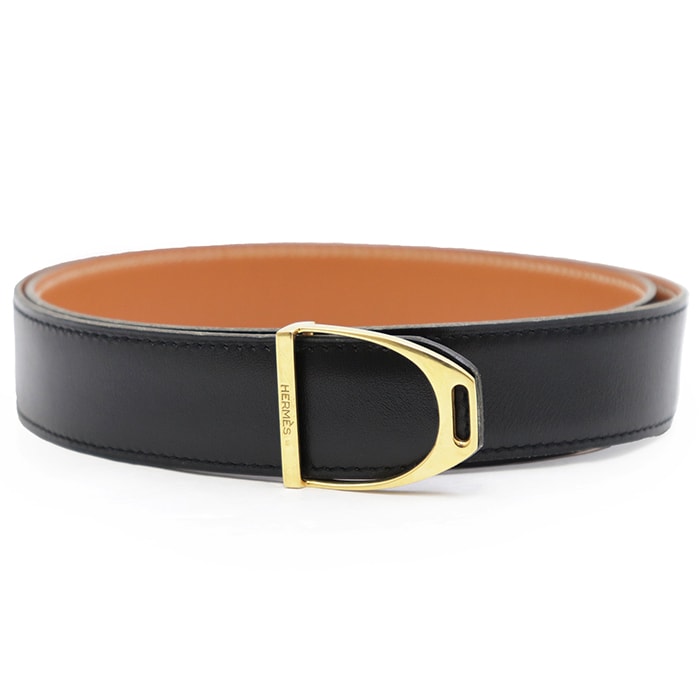 HERMES エルメス レザーベルト メンズ エトリエ Dバックル ゴールド金具 リバーシブル 小物 ブラック 黒 P刻印 フランス製