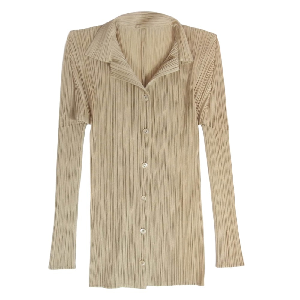 PLEATS PLEASE プリーツプリーズ イッセイミヤケ ブラウス 00AW PP04-JK624 プリーツ 長袖 オープンカラー 開襟 シャツ ブラウス ベージュ系 3【中古】