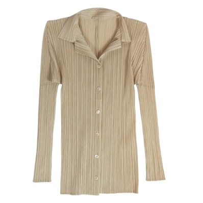 PLEATS PLEASE プリーツプリーズ イッセイミヤケ ブラウス 00AW PP04-JK624 プリーツ 長袖 オープンカラー 開襟 シャツ ブラウス ベージュ系 3【中古】