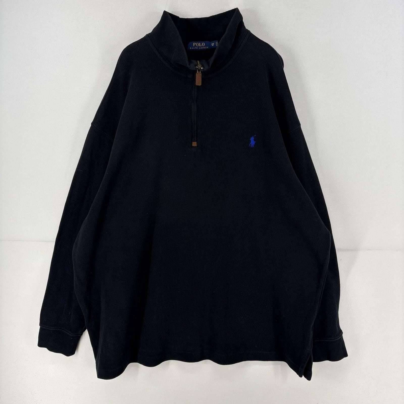 古着 ポロ・ラルフローレン POLO RALPH LAUREN スウェット ワンポイント 刺繍 ハーフジップ トレーナー ニット 2XL  ブラック メンズ