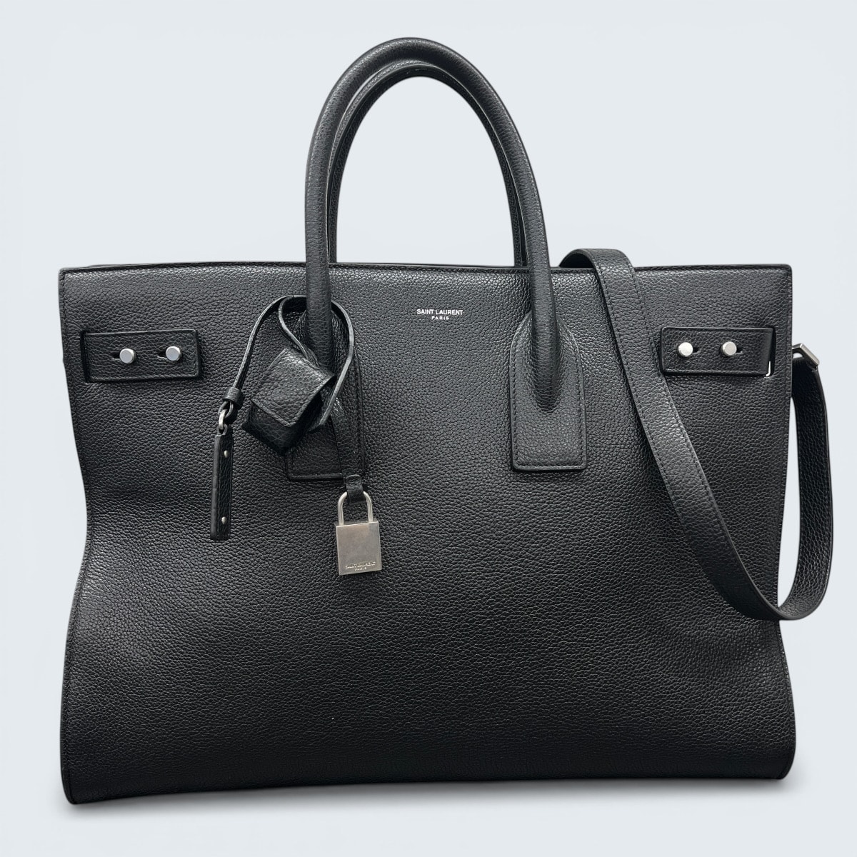 SAINT LAURENT 極美品 サンローラン シン ラージ サック ド ジュール スープル 2way トートバッグ ショルダーバッグ 631526 グレインレザー ブラック シルバー ハンドバッグ ビジネスバッグ Aランク 鑑定済 中古 サンローランバッグ