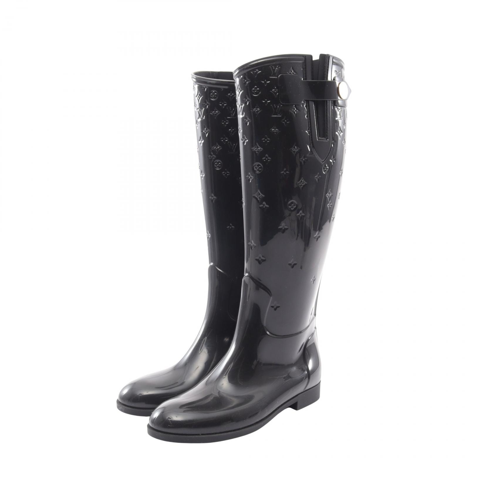 ルイ・ヴィトン LOUIS VUITTON ドロップスライン モノグラム ロング レインブーツ レインシューズ 靴 ラバー レディース ブラック系 【中古】