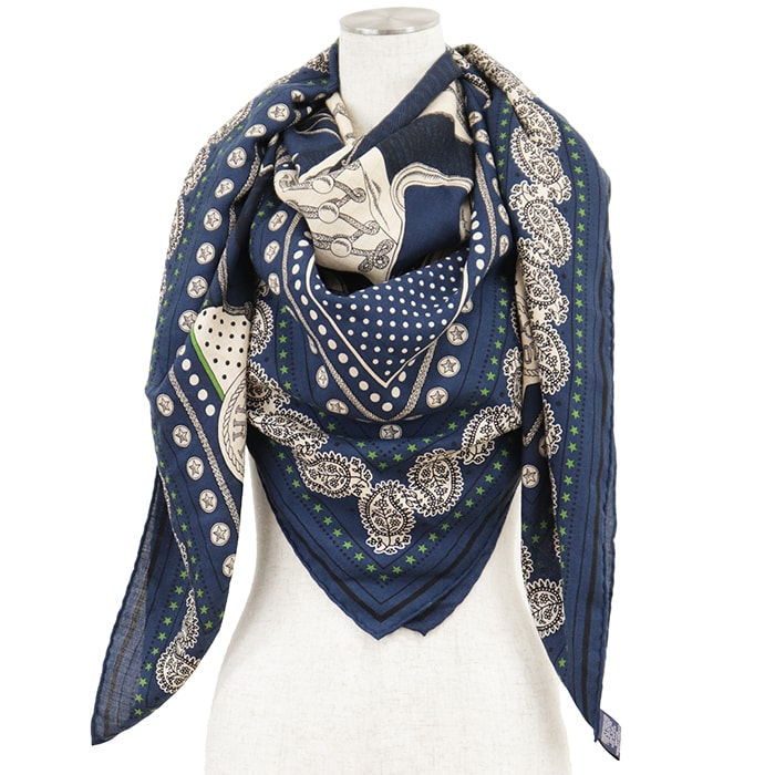 【美品】HERMES エルメス カレジェアン 140 Zouaves et Dragons ズアヴとドラゴン カシルル カシミア/シルク混 メンズ レディース ユニセックス  スカーフ 小物 ブルー系 青