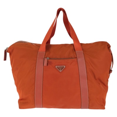 PRADA プラダ テスート サフィアーノ 三角ロゴプレート オレンジ シルバー金具 ナイロン レザー/ ボストンバッグ トラベルバッグ 604605 【中古】