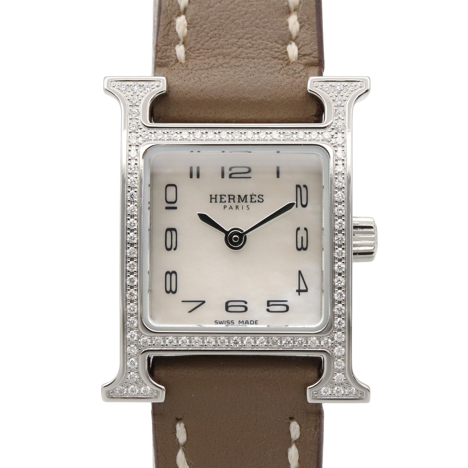 エルメス HERMES Hウォッチミニ ダイヤベゼル 腕時計 時計 ステンレススチール レザーベルト ダイヤモンド レディース ホワイト系 ホワイトシェル HH1.131 【中古】