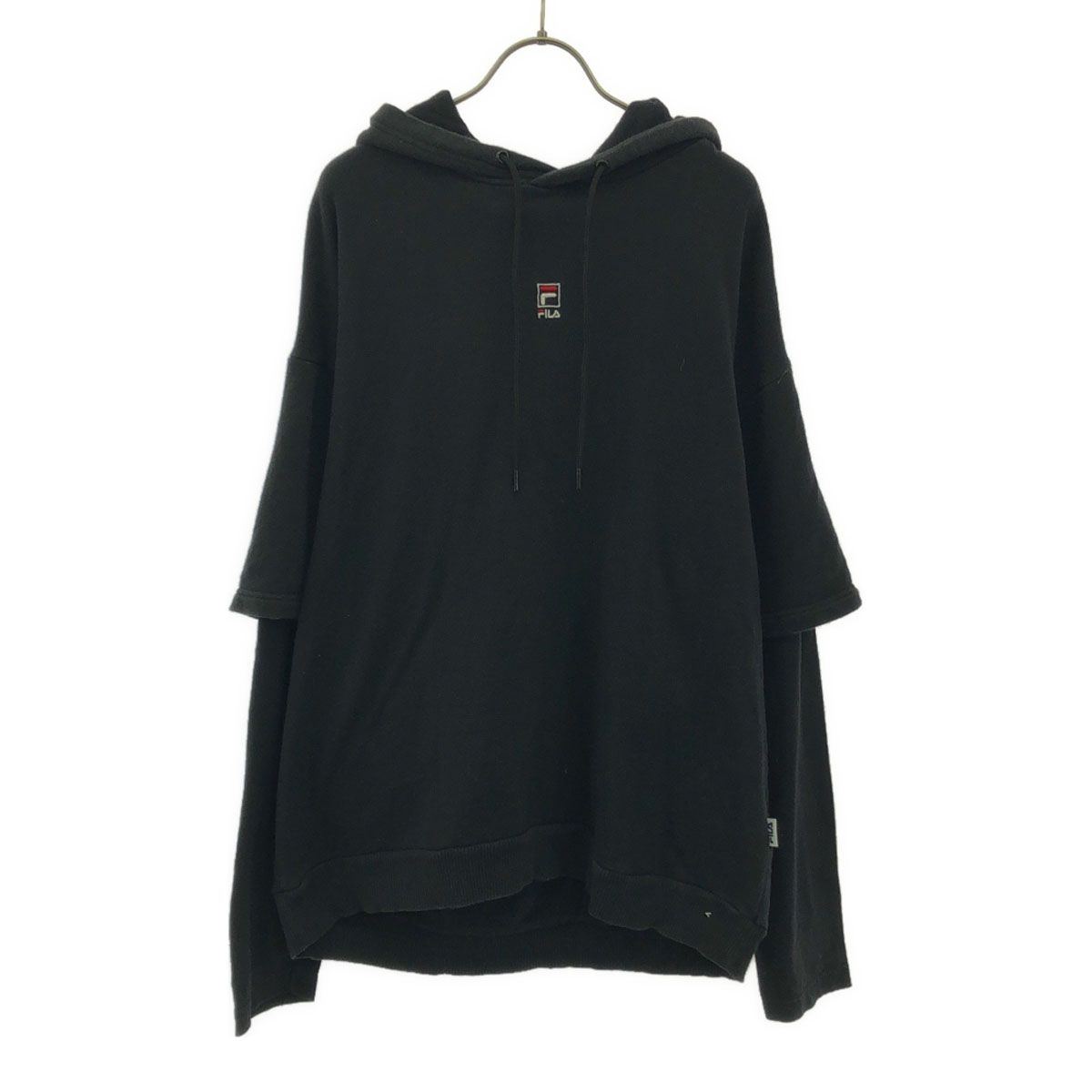 FILA フィラ EMODA エモダ コラボ ロゴ刺? 長袖 レイヤード スウェットパーカー F ブラック