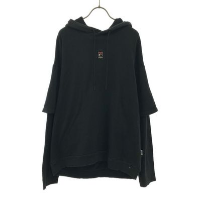 FILA フィラ EMODA エモダ コラボ ロゴ刺? 長袖 レイヤード スウェットパーカー F ブラック