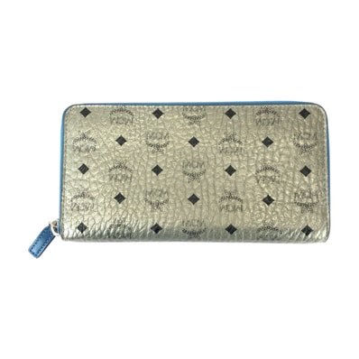 美品 MCM エム シー エム シルバー ブルー シルバー金具 レザー 長財布 ラウンドファスナー 600065 【中古】