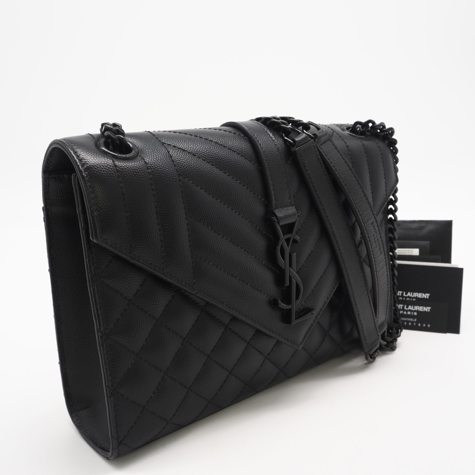 極美品 SAINT LAURENT サンローラン ミックスマトラッセ ラムスキン エンベロープ ミディアム 600185 2wayショルダーバッグ ブラック ラムスキン レディース