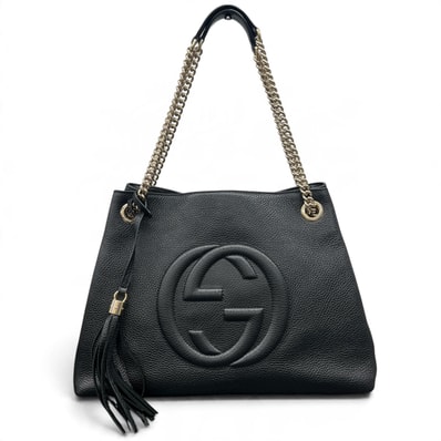GUCCI 極美品 グッチ SOHO ソーホー インターロッキングG チェーントートバッグ 536196 レザー ブラック ゴールド金具 肩掛け Aランク 中古 鑑定済 グッチバッグ