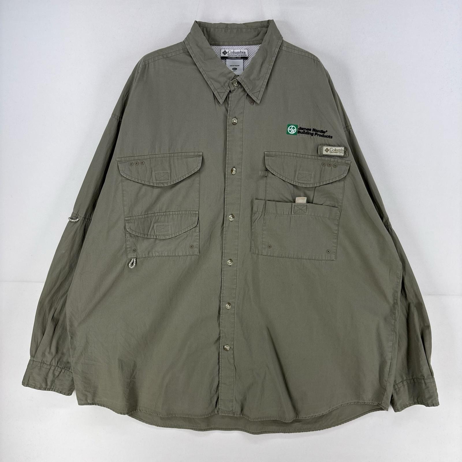 古着 コロンビア Columbia 長袖シャツ PFG フィッシングシャツ ワンポイント ロゴ 刺繍 胸ポケット 大きいサイズ 2XL  グレー系 メンズ