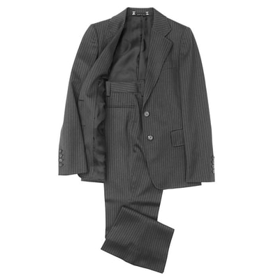 【美品】GUCCI グッチ スーツ セットアップ ジャケット スラックス GG ロゴ ボタン インターロッキング 裏地 2B テーラード ペンシルストライプ ウールストレッチ フレア ブーツカットパンツ レディース 40/42 チャコールグレー 黒 灰色 伊製