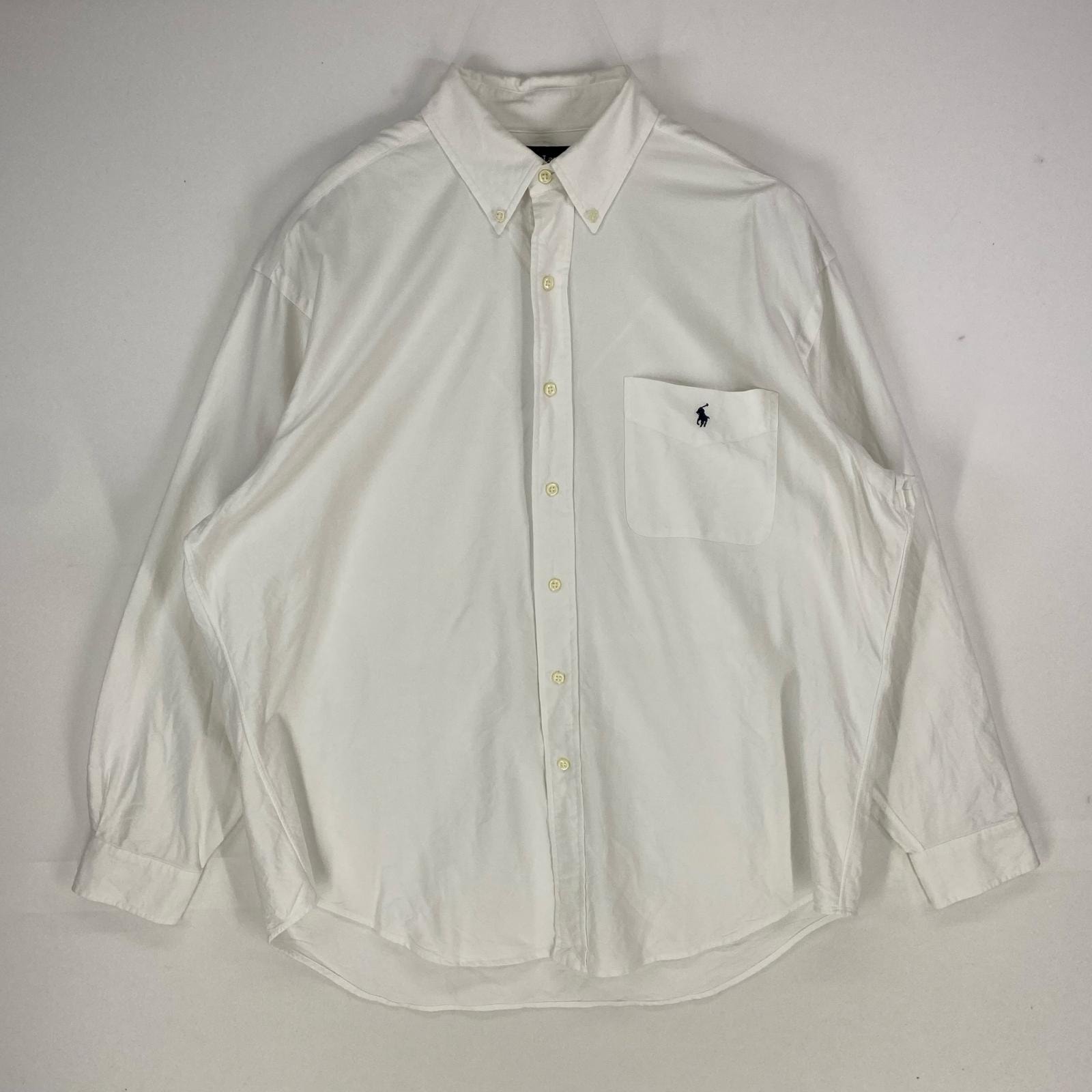 古着 ラルフローレン RALPH LAUREN 長袖シャツ BIG SHIRT 刺繍ロゴ ボタンダウン ロングスリーブ M ホワイト系 メンズ