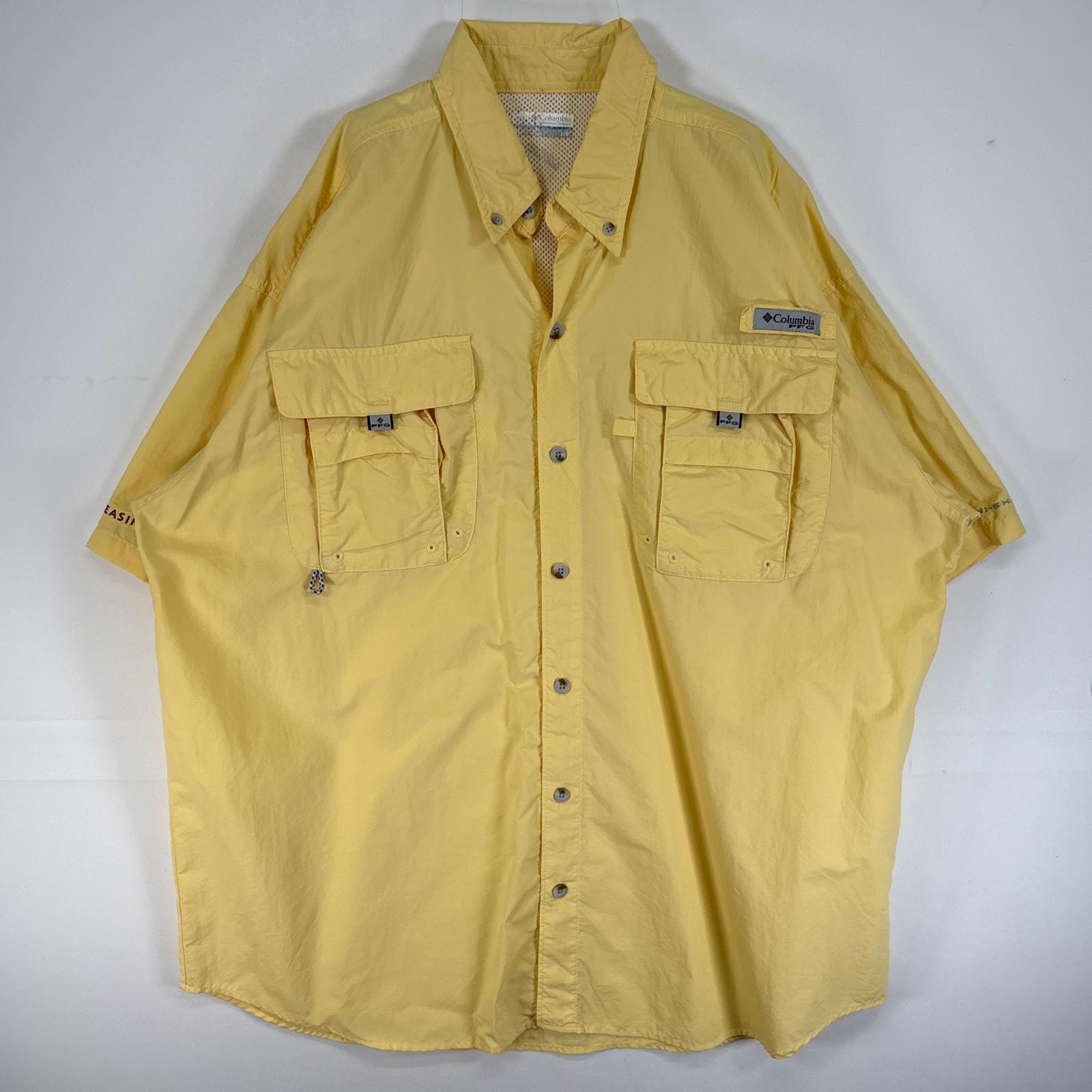 古着 コロンビア Columbia 半袖シャツ PFG フィッシングギア フラップポケ ワンポイント ロゴ L イエロー 無地 メンズ