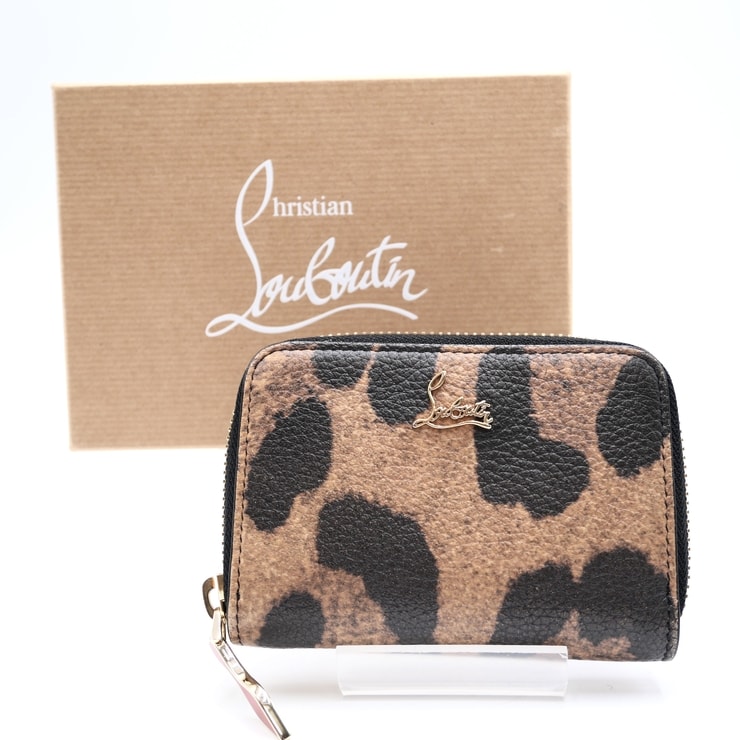 Christian Louboutin(クリスチャンルブタン)パネトーネ レオパード ラウンドファスナー コインケース 小銭入れ レザー ブラウン ブラック ゴールド金具【中古】