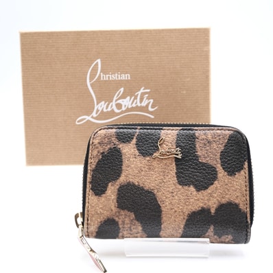 Christian Louboutin(クリスチャンルブタン)パネトーネ レオパード ラウンドファスナー コインケース 小銭入れ レザー ブラウン ブラック ゴールド金具【中古】